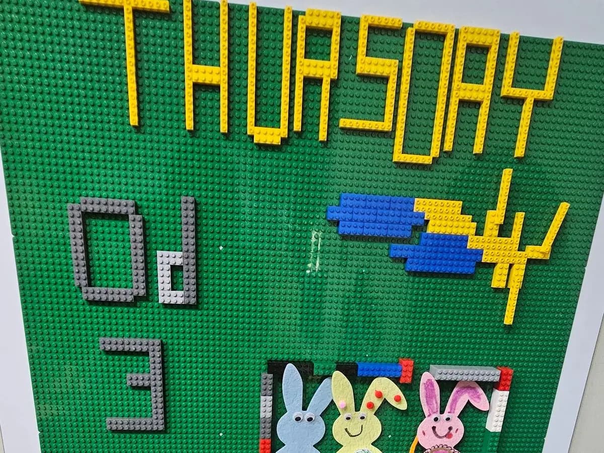 Thursday, spelled in LEGO above the day's crafts